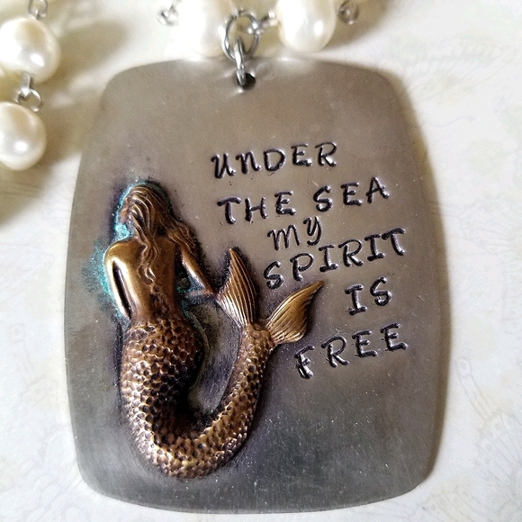 Hand Crafted Hand Stamped Faux Pearl Mermaid Pendant Necklace - Picture 4 of 16